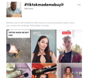 TikTok screenshot showing posts from the #tiktokmademebuyit trend